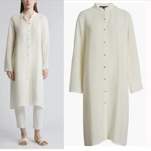 Eileen Fisher Band Collar Longline Linen Blend Button-Up Shirt Cream NWT Large